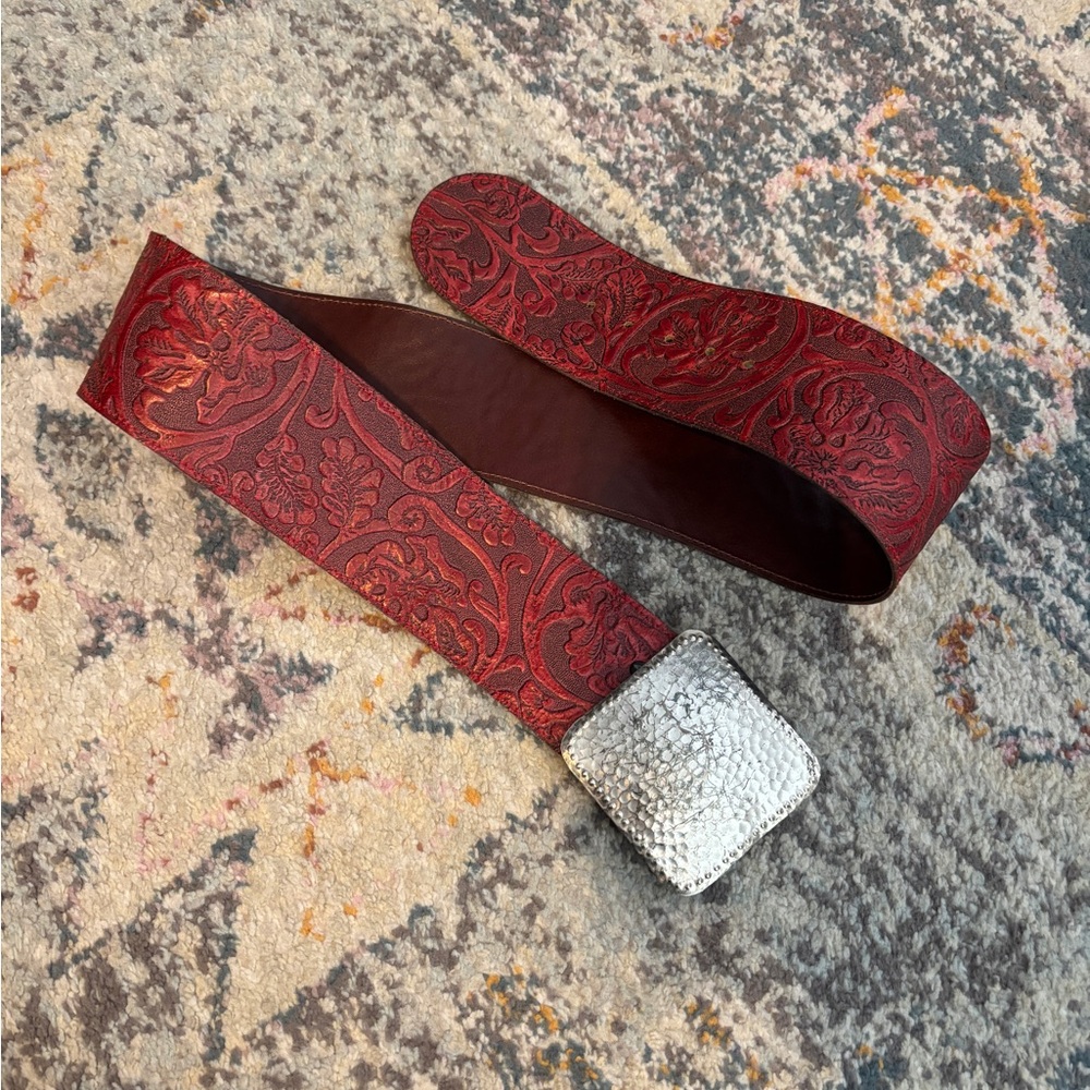 Red Embossed Belt with Silver Buckle